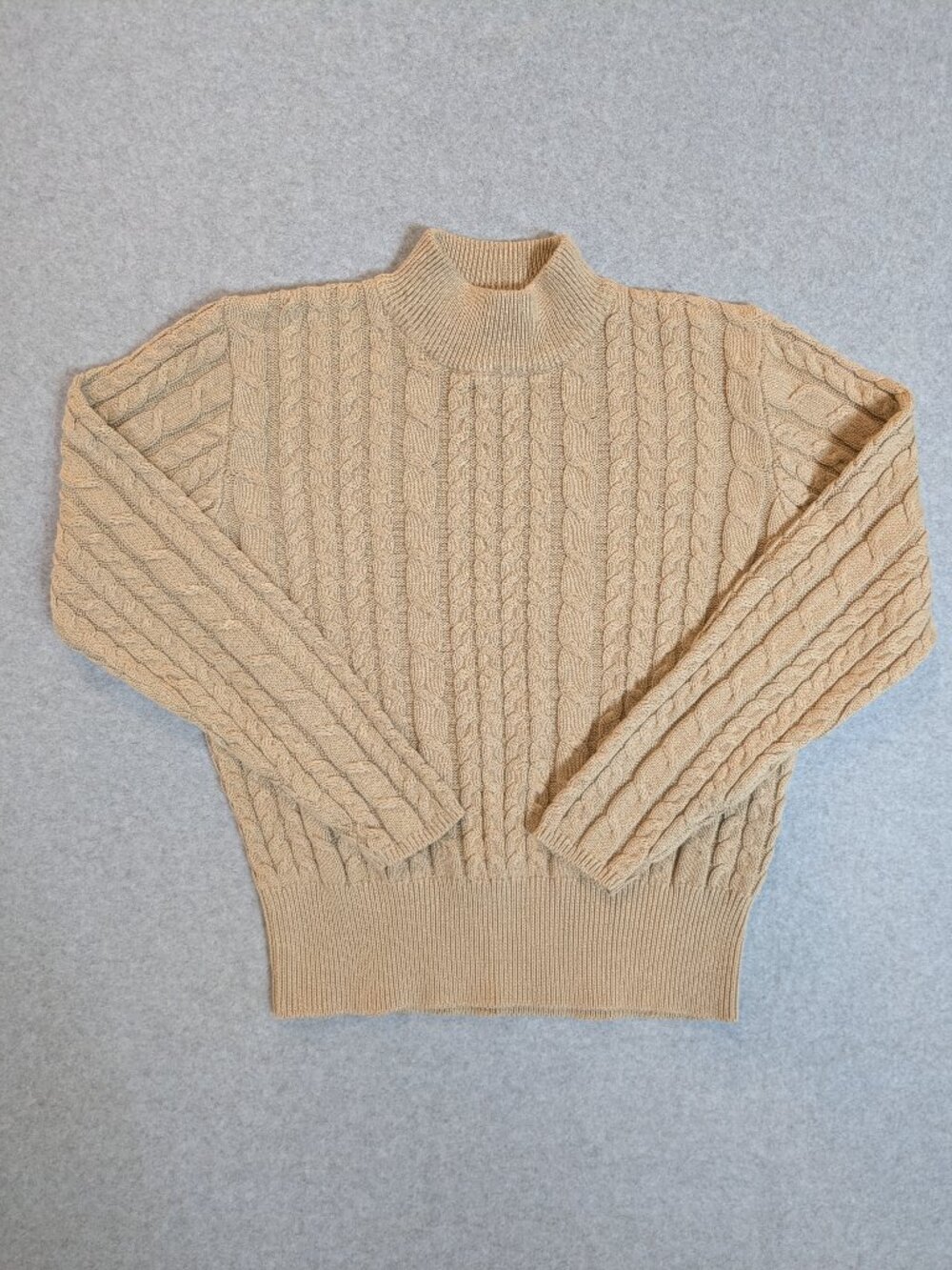 Vintage Mock Neck Womens Cable Knit Cream Sweater Medium Chunky Cotton Preppy